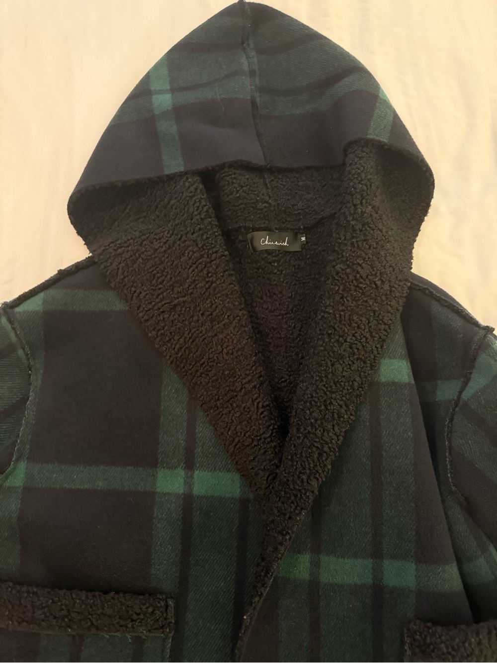 Chicwish Black and Green Plaid Hooded Sherpa-Lined Coat
